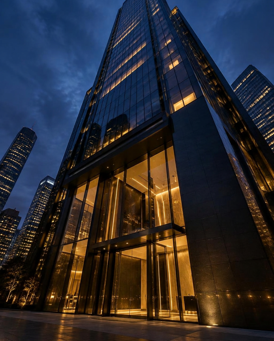 Modern office tower at dusk